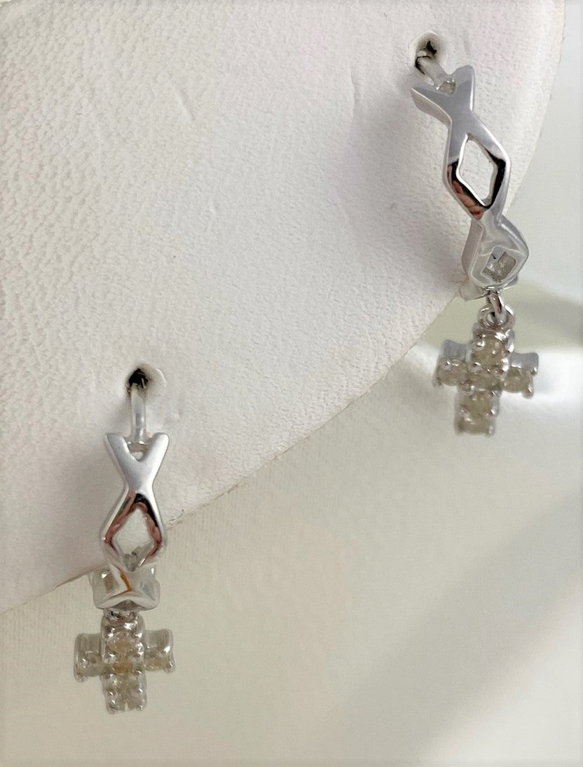 14 KT White Gold Earrings with little Diamond Crosses