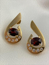 Load image into Gallery viewer, Garnet earrings set on 14 KT yellow gold with diamonds
