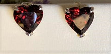 Load image into Gallery viewer, Heart shaped 9mm Garnet Soliltaire Stud earrings set on 14K white gold
